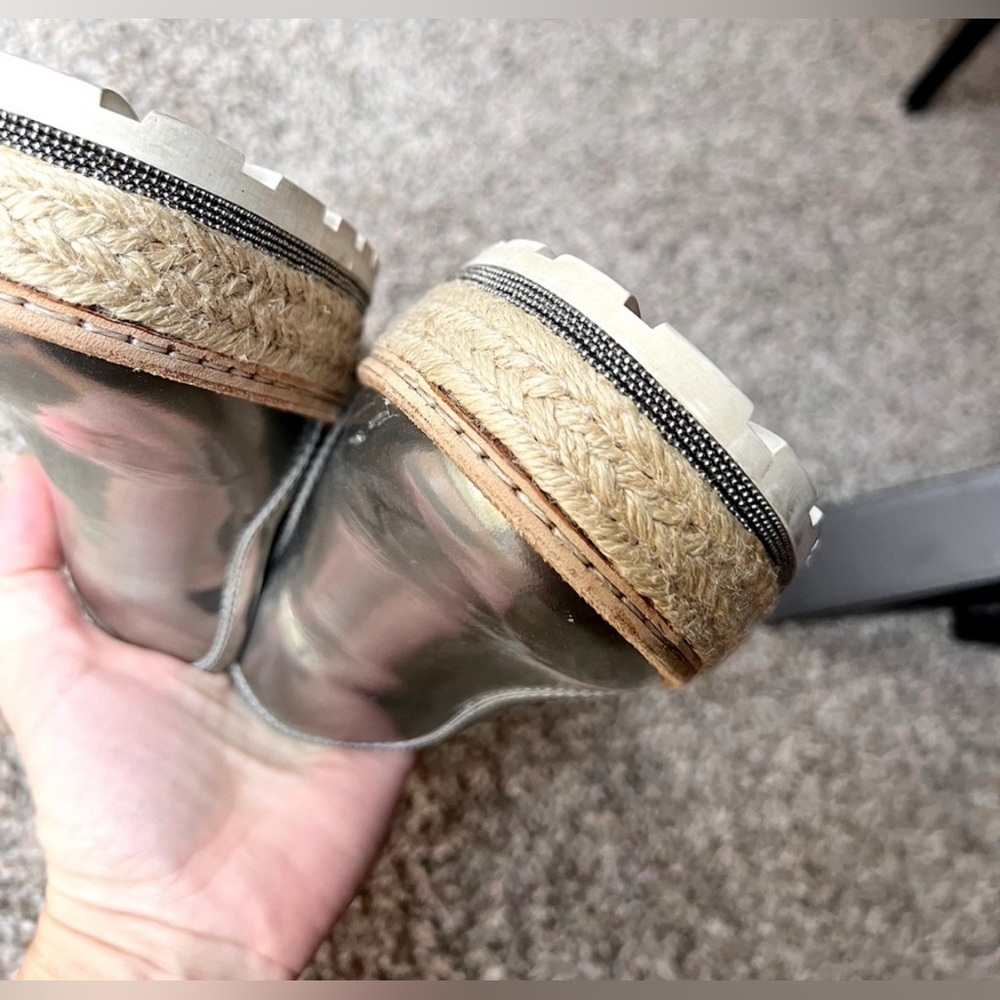 Brunello Cucinelli Metallic Leather Platform w Monili Trim Mule Espadrilles - Picture 7 of 12